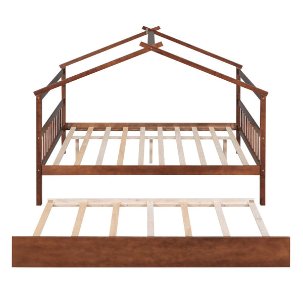 HomeRoots Walnut Full House Bed with Trundle - Durable Solid Wood Design, Stylish & Space-Saving Solution 590552