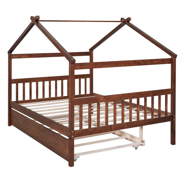 HomeRoots Walnut Full House Bed with Trundle - Durable Solid Wood Design, Stylish & Space-Saving Solution 590552