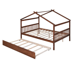 HomeRoots Walnut Full House Bed with Trundle - Durable Solid Wood Design, Stylish & Space-Saving Solution 590552