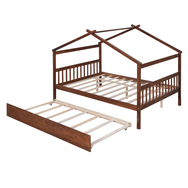 HomeRoots Walnut Full House Bed with Trundle - Durable Solid Wood Design, Stylish & Space-Saving Solution 590552