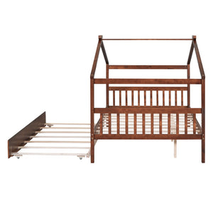 HomeRoots Walnut Full House Bed with Trundle - Durable Solid Wood Design, Stylish & Space-Saving Solution 590552