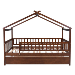 HomeRoots Walnut Wood Full House Bed with Trundle - Timeless Design, Durable Construction, and Extra Sleeping Space 590553