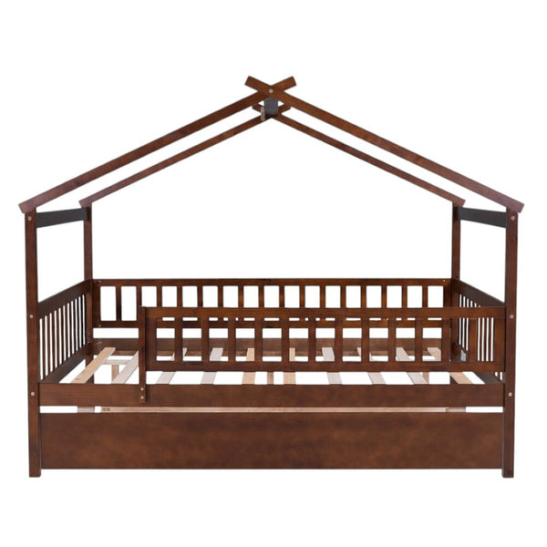 HomeRoots Walnut Wood Full House Bed with Trundle - Timeless Design, Durable Construction, and Extra Sleeping Space 590553