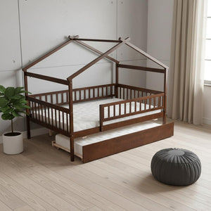 HomeRoots Walnut Wood Full House Bed with Trundle - Timeless Design, Durable Construction, and Extra Sleeping Space 590553