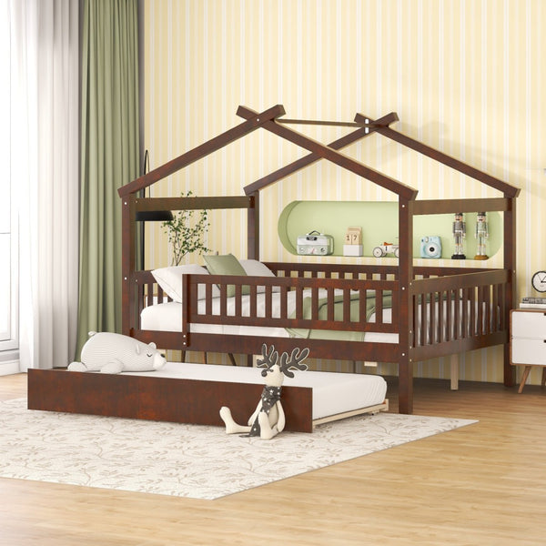 HomeRoots Walnut Wood Full House Bed with Trundle - Timeless Design, Durable Construction, and Extra Sleeping Space 590553