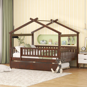 HomeRoots Walnut Wood Full House Bed with Trundle - Timeless Design, Durable Construction, and Extra Sleeping Space 590553