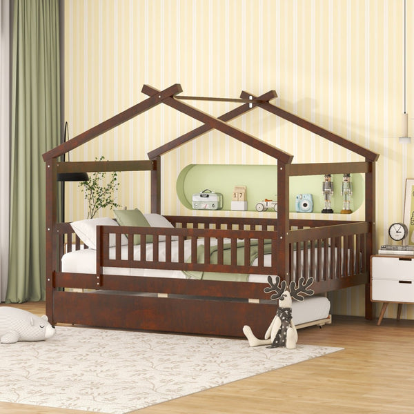 HomeRoots Walnut Wood Full House Bed with Trundle - Timeless Design, Durable Construction, and Extra Sleeping Space 590553