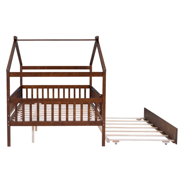 HomeRoots Walnut Wood Full House Bed with Trundle - Timeless Design, Durable Construction, and Extra Sleeping Space 590553