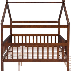 HomeRoots Walnut Wood Full House Bed with Trundle - Timeless Design, Durable Construction, and Extra Sleeping Space 590553