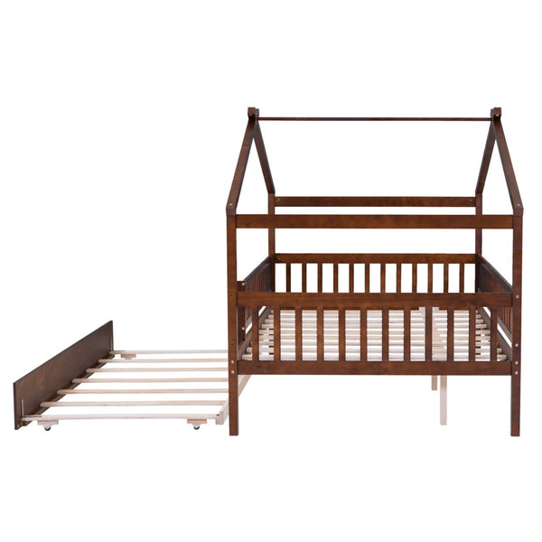 HomeRoots Walnut Wood Full House Bed with Trundle - Timeless Design, Durable Construction, and Extra Sleeping Space 590553