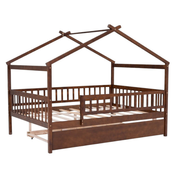 HomeRoots Walnut Wood Full House Bed with Trundle - Timeless Design, Durable Construction, and Extra Sleeping Space 590553