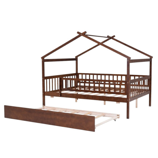 HomeRoots Walnut Wood Full House Bed with Trundle - Timeless Design, Durable Construction, and Extra Sleeping Space 590553