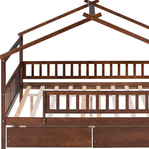 HomeRoots Walnut Full House Bed with Under-Bed Drawers – Stylish Storage & Sturdy Design for Modern Bedrooms 590554