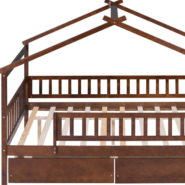 HomeRoots Walnut Full House Bed with Under-Bed Drawers – Stylish Storage & Sturdy Design for Modern Bedrooms 590554