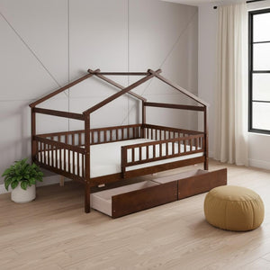 HomeRoots Walnut Full House Bed with Under-Bed Drawers – Stylish Storage & Sturdy Design for Modern Bedrooms 590554