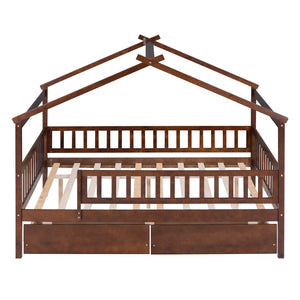 HomeRoots Walnut Full House Bed with Under-Bed Drawers – Stylish Storage & Sturdy Design for Modern Bedrooms 590554