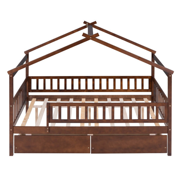 HomeRoots Walnut Full House Bed with Under-Bed Drawers – Stylish Storage & Sturdy Design for Modern Bedrooms 590554