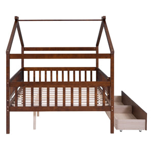 HomeRoots Walnut Full House Bed with Under-Bed Drawers – Stylish Storage & Sturdy Design for Modern Bedrooms 590554