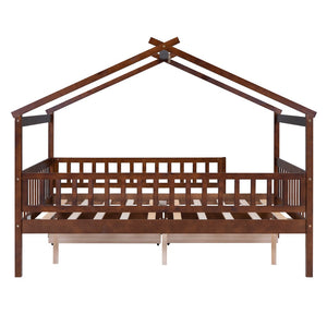 HomeRoots Walnut Full House Bed with Under-Bed Drawers – Stylish Storage & Sturdy Design for Modern Bedrooms 590554