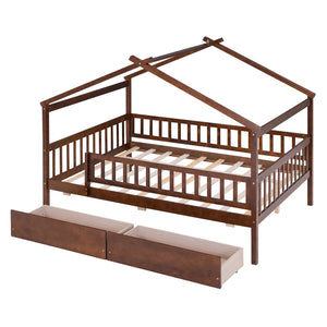 HomeRoots Walnut Full House Bed with Under-Bed Drawers – Stylish Storage & Sturdy Design for Modern Bedrooms 590554