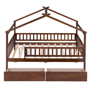 HomeRoots Walnut Full House Bed with Under-Bed Drawers – Stylish Storage & Sturdy Design for Modern Bedrooms 590554