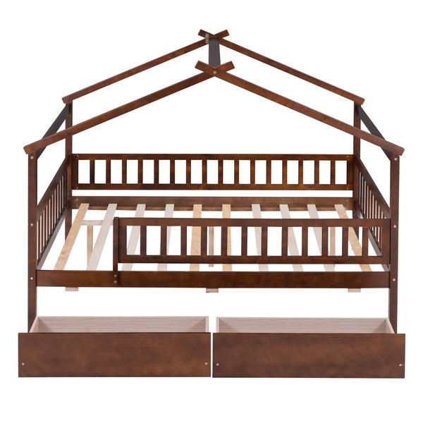 HomeRoots Walnut Full House Bed with Under-Bed Drawers – Stylish Storage & Sturdy Design for Modern Bedrooms 590554