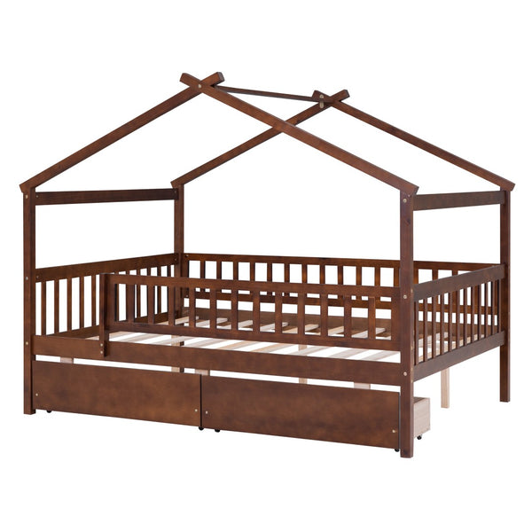 HomeRoots Walnut Full House Bed with Under-Bed Drawers – Stylish Storage & Sturdy Design for Modern Bedrooms 590554