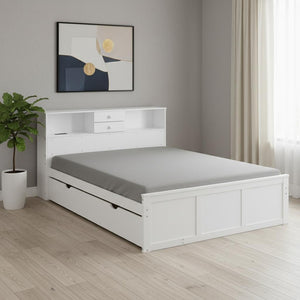 HomeRoots White Wood Full Bed Frame with Trundle & Storage Drawers - Stylish, Durable, Space-Saving Design! 590556
