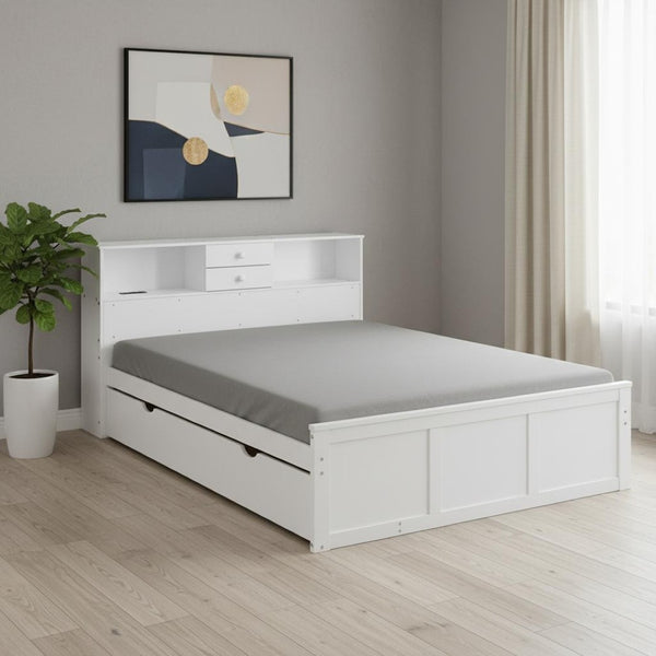 HomeRoots White Wood Full Bed Frame with Trundle & Storage Drawers - Stylish, Durable, Space-Saving Design! 590556