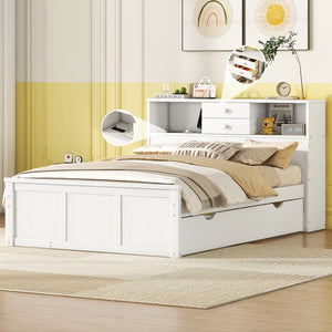HomeRoots White Wood Full Bed Frame with Trundle & Storage Drawers - Stylish, Durable, Space-Saving Design! 590556