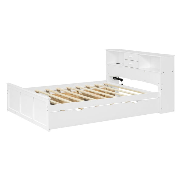 HomeRoots White Wood Full Bed Frame with Trundle & Storage Drawers - Stylish, Durable, Space-Saving Design! 590556