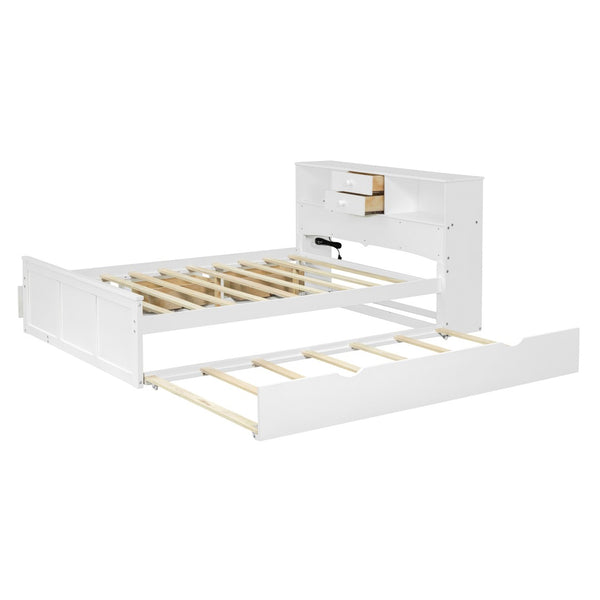 HomeRoots White Wood Full Bed Frame with Trundle & Storage Drawers - Stylish, Durable, Space-Saving Design! 590556