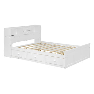 HomeRoots White Wood Full Bed Frame with Trundle & Storage Drawers - Stylish, Durable, Space-Saving Design! 590556