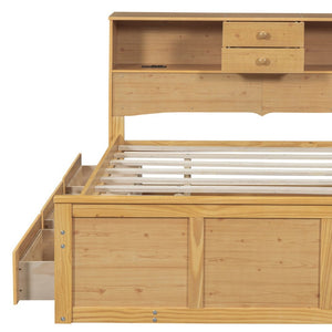 HomeRoots Natural Wood Full Bed Frame with Space-Saving Trundle and Integrated Drawers for Stylish Storage 590557