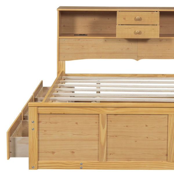 HomeRoots Natural Wood Full Bed Frame with Space-Saving Trundle and Integrated Drawers for Stylish Storage 590557