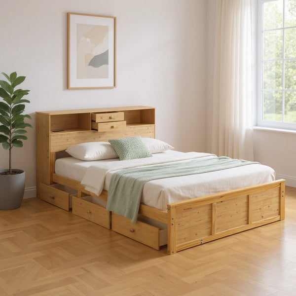 HomeRoots Natural Wood Full Bed Frame with Space-Saving Trundle and Integrated Drawers for Stylish Storage 590557