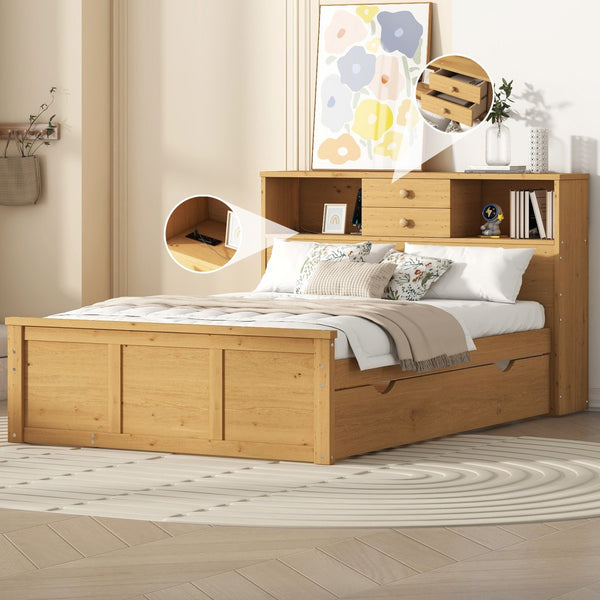 HomeRoots Natural Wood Full Bed Frame with Space-Saving Trundle and Integrated Drawers for Stylish Storage 590557