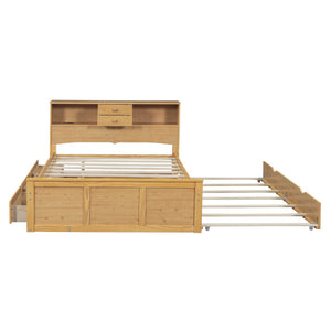 HomeRoots Natural Wood Full Bed Frame with Space-Saving Trundle and Integrated Drawers for Stylish Storage 590557