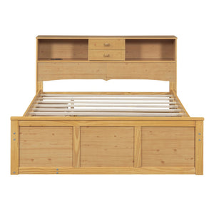 HomeRoots Natural Wood Full Bed Frame with Space-Saving Trundle and Integrated Drawers for Stylish Storage 590557