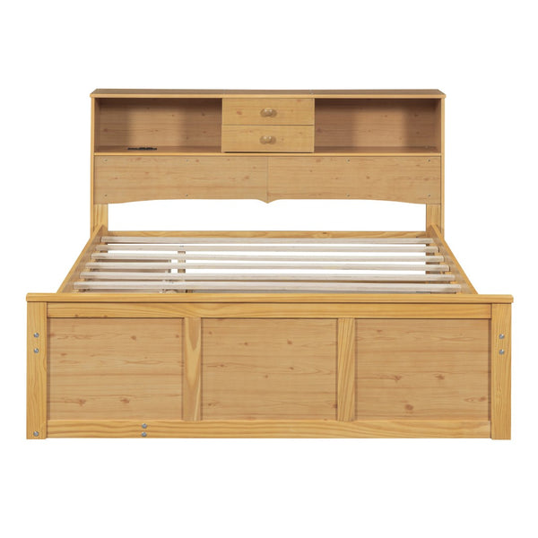 HomeRoots Natural Wood Full Bed Frame with Space-Saving Trundle and Integrated Drawers for Stylish Storage 590557