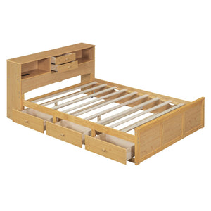 HomeRoots Natural Wood Full Bed Frame with Space-Saving Trundle and Integrated Drawers for Stylish Storage 590557