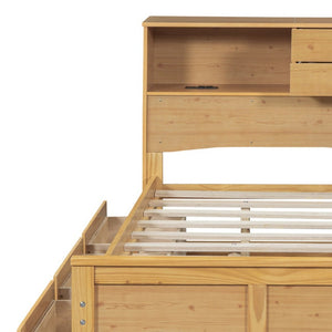 HomeRoots Natural Wood Full Bed Frame with Space-Saving Trundle and Integrated Drawers for Stylish Storage 590557