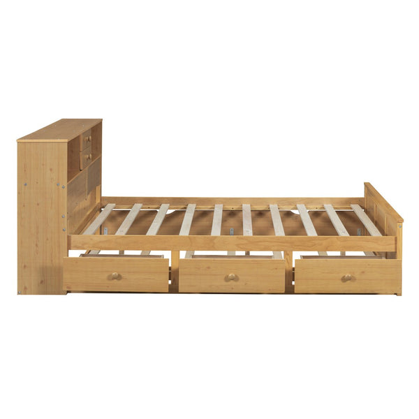HomeRoots Natural Wood Full Bed Frame with Space-Saving Trundle and Integrated Drawers for Stylish Storage 590557