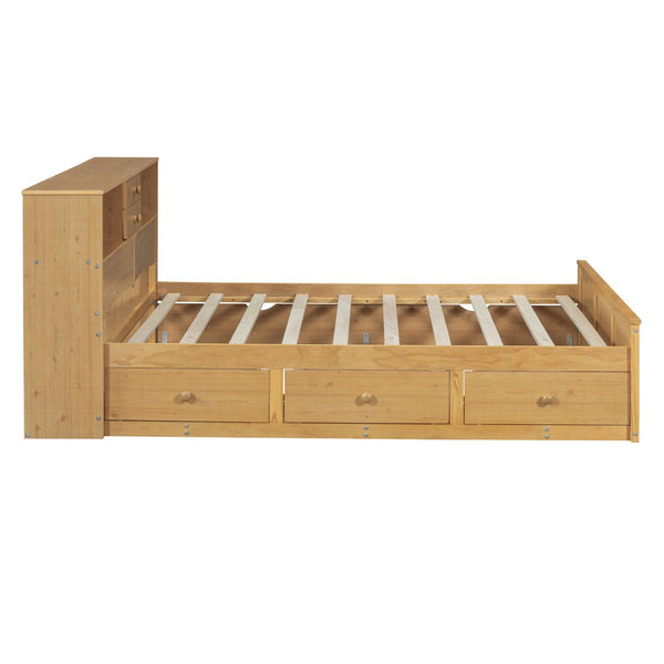 HomeRoots Natural Wood Full Bed Frame with Space-Saving Trundle and Integrated Drawers for Stylish Storage 590557