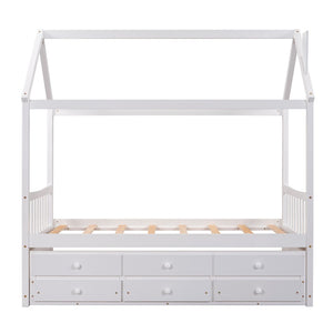 HomeRoots White Wood Twin House Bed with Trundle – Stylish, Space-Saving Design for Kids' Rooms & Guests 590558