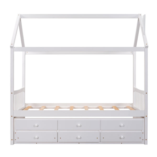 HomeRoots White Wood Twin House Bed with Trundle – Stylish, Space-Saving Design for Kids' Rooms & Guests 590558