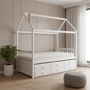HomeRoots White Wood Twin House Bed with Trundle – Stylish, Space-Saving Design for Kids' Rooms & Guests 590558
