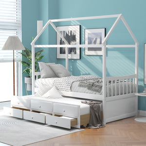 HomeRoots White Wood Twin House Bed with Trundle – Stylish, Space-Saving Design for Kids' Rooms & Guests 590558