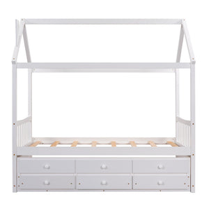 HomeRoots White Wood Twin House Bed with Trundle – Stylish, Space-Saving Design for Kids' Rooms & Guests 590558