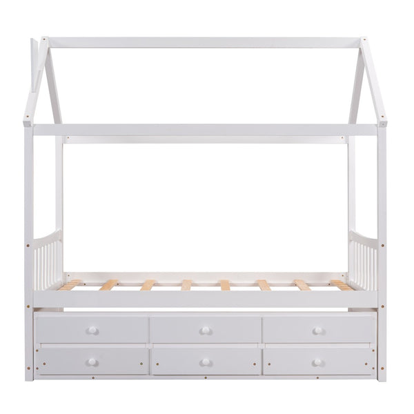 HomeRoots White Wood Twin House Bed with Trundle – Stylish, Space-Saving Design for Kids' Rooms & Guests 590558